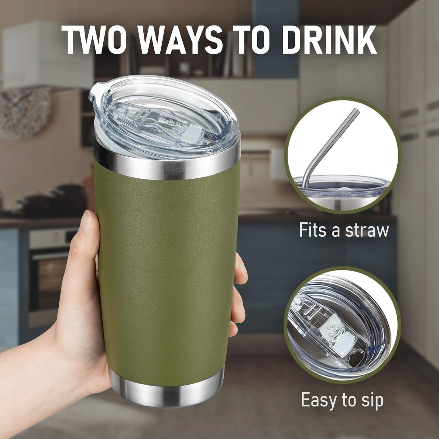 COMOOO 20oz Double Wall Vacuum Insulated Travel Mug, Stainless Steel Tumbler with Lid and Straw Durable Powder Coated Insulated Coffee Cup for Cold & Hot Drinks (Army Green, 2 Pack