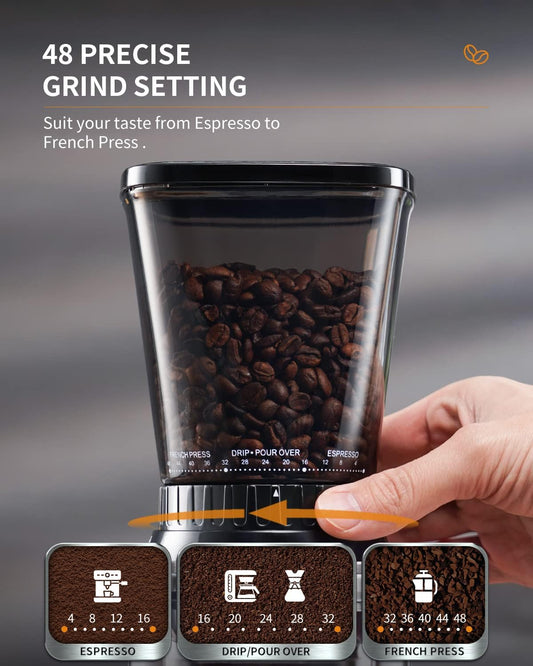SHARDOR Professional Conical Burr Coffee Grinder, Coffee Bean Grinder with 48 Grind Settings for Espresso, Drip & French Press, Upgraded Anti-Static Technology, Precision Timer, Stainless Steel