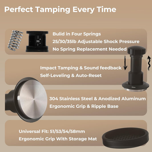 Coffee Tamper 51mm, Spring Loaded Espresso Tamper with 25lb/30lb/35lb Calibrated Springs, Sound Feedback & Ripple Base for Even Extraction, Espresso Accessories
