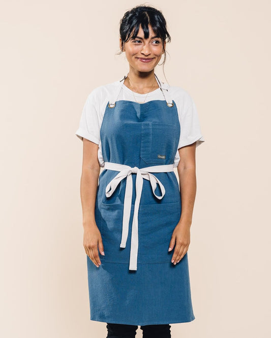 Caldo Linen Kitchen Apron for Cooking- Mens and Womens Linen Bib Apron for Professional Chef, Server, or Barista- Adjustable with Pockets (Vintage Blue)