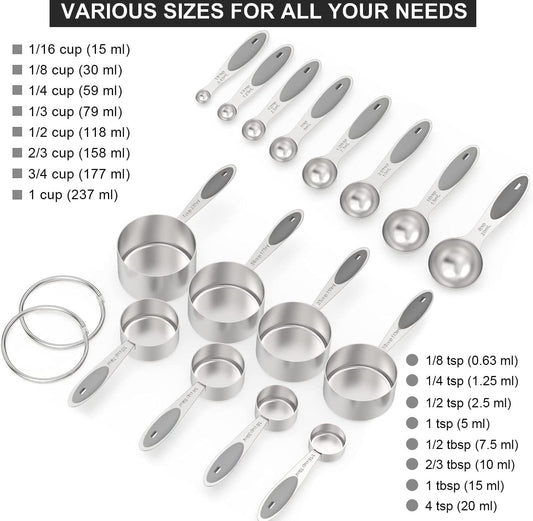 Measuring Cups & Spoons Set of 16, Wildone Stainless Steel Measuring Cups and Measuring Spoons with Gray Silicone Handle, Including 8 Nesting Cups, 8 Spoons, for Dry and Liquid Ingredient