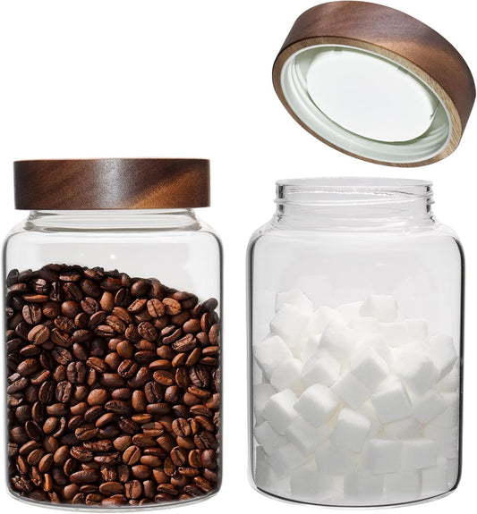 Glass Coffee Jars Spice Jar Round Storage Canister with Wooden Lid Clear Glass Food Jar for Pantry Sugar Tea Coffee Bean Spice Nuts Cookies Bath Salts (1200ml/40oz-2pack-A)