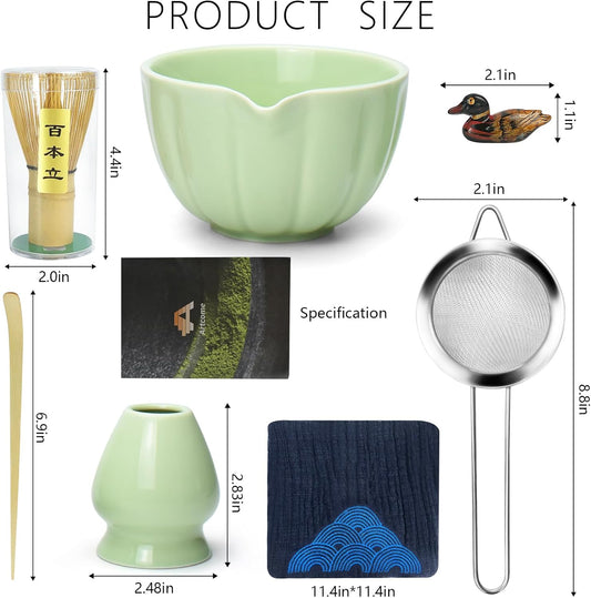 Artcome 7 Pcs Japanese Matcha Tea Set - Matcha Bowl with Pouring Spout, Matcha Whisk, Tea Scoop, Whisk Holder, Handmade Matcha Ceremony Kit For Japanese Tea Ceremony, Green