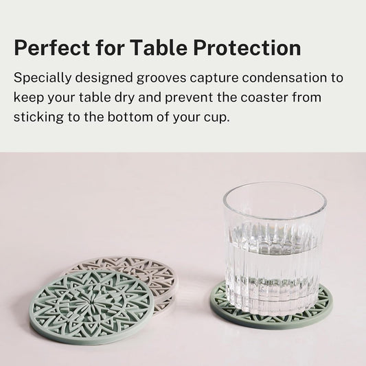 Set of 6 Sage Green Silicone Coasters with Holder, Drink Coasters with Tribal Pattern Shape- for Table Protection, Anti Slip, Nonstick, Heat Resistant, Deep Tray