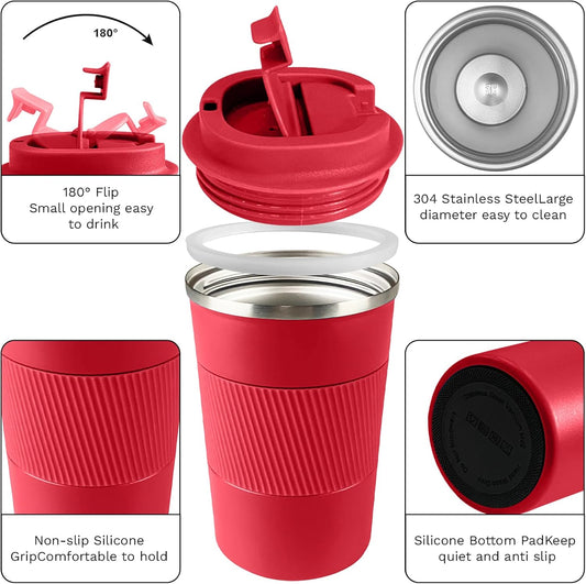 YINBAOGE Insulated Travel Coffee Mug Spill Proof Leak Proof Pobtable To Go Camping Stainless Steel Coffee Tumbler Reusable Coffee Cups with Lids Thermos for Hot and Cold Drink (Red, 17 OZ)