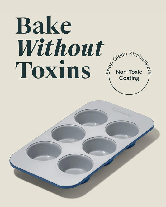 Caraway Nonstick Ceramic 6 Cup Muffin Pan Duo – Non-Toxic, PTFE & PFOA Free – Oven Safe – Aluminized Steel Core – Small Muffin Pan for Baking Cupcakes, Muffins & More - Navy
