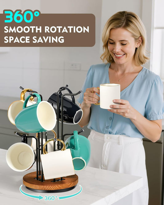 HULISEN 360° Rotating Mug Tree for Large Cups, Counter Coffee Mug Holder with 8 Hooks, Metal Coffee Cup Rack Stand for Countertop with Stable Wooden Base, Kitchen Counter Decor