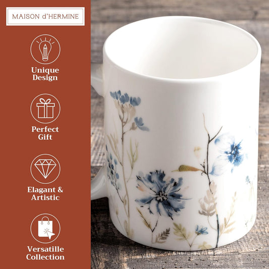 Maison d' Hermine Coffee Mug with Handles Fine Bone China Mugs Pack of One Tea Cups for Hot Beverages Cappuccino Latte Home Restaurant Office Perfect for Gift (Ice Florals - Forsty Morning, 15 Ounce)