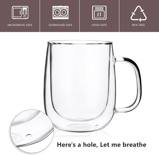CNGLASS Large Double Wall Glass Coffee Mug 15.2oz,Clear Insulated Glass Espresso Cup with Big Handle,Clear Glass Espresso Mugs for Latte,Cappuccino,Tea Bag,Hot and Cold Beverages,set of 4