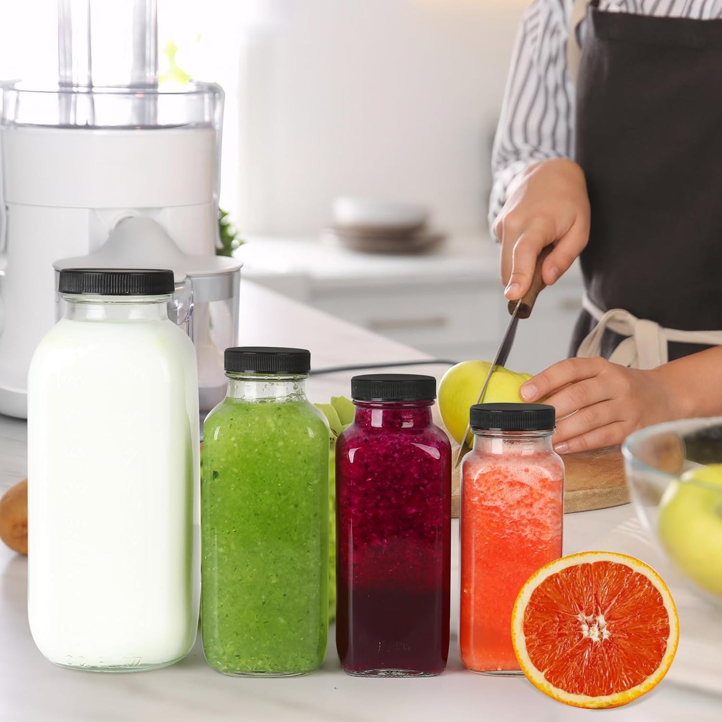 16 oz Glass Juice Bottles with Lids 3 Pack, Reusable Glass Drink Bottles,500ml Water Drinking Bottle for Milk,Juicing,Kombucha,Ginger,Beverage Glassware,Juice Drinking Jars