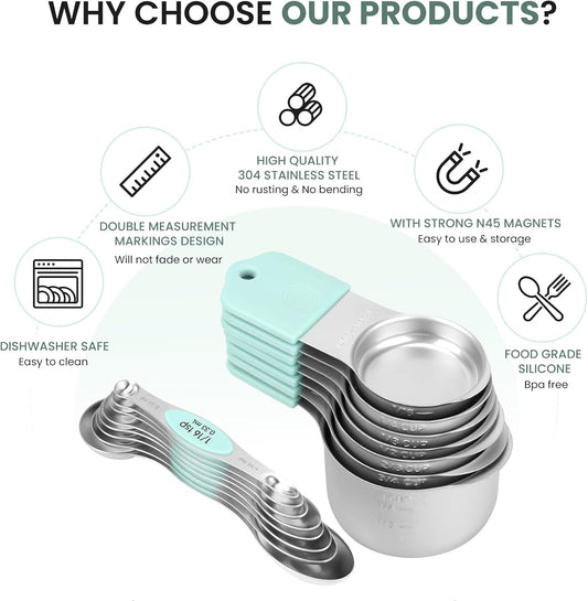 Magnetic Measuring Cups and Spoons Set-Heavy Duty 304 Stainless Steel,Double Measurement Markings,Set of 16 with Leveler for Measure Dry and Liquid Ingredients (Mint)