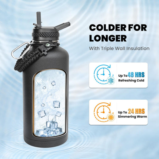 Insulated Water Bottle 87 oz, Triple Wall Vacuum Stainless Steel (Cold for 48 Hrs), Leak Proof & Non-BPA, Modern Water Flask Jug with Paracord Handle & Straw Spout Lids, Magic Black