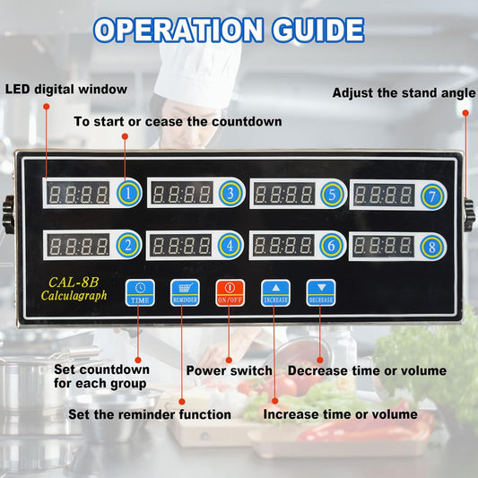 Commercial 8 Channels Digital Kitchen Timer, Stainless Steel Calculagraph Timer with Loud Alarm for Restaurant, Clock Reminder on Multiple Events