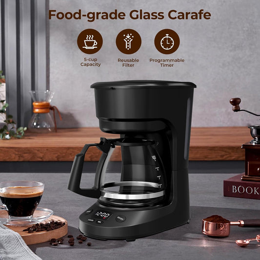 5-Cup Drip Coffee Maker with 24h Programmable Timer, Compact Coffee Machine with Food-grade Glass Carafe, 2h Keep Warm with Auto Shut-off, Delay Brew, 25oz Water Tank, Ideal for Home/Office