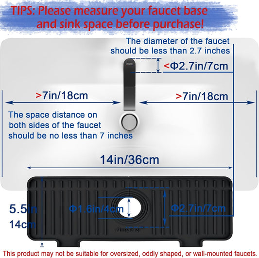 Kitchen Sink Splash Guard, 10ยฐ Large Slope & Adaptable Hole Faucet Mat for Kitchen Sink, Silicone Sink Organizer Sponge Holder for Kitchen, Bathroom, RV, Bar, 14.2โ x 5.1โ, Black