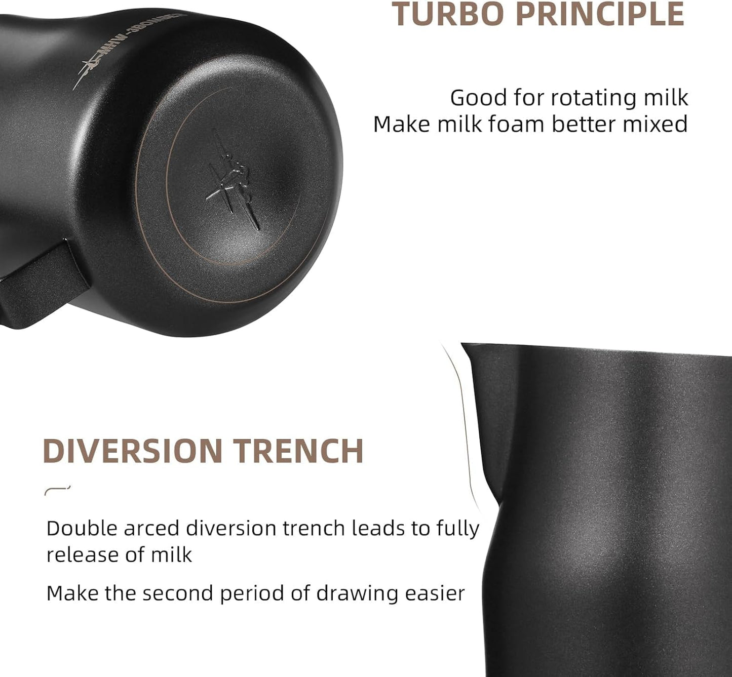 MHW-3BOMBER Milk Frothing Pitcher 12oz Milk Frother Cup Espresso Steaming Pitcher Stainless Steel Milk Frother Cup Barista Latte Art Round Spout Milk Jug, Black P6007MB-OS