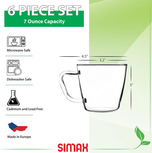 SIMAX Small Clear Glass Coffee Mug Set of 6 - 7 Ounce Heat Safe Borosilicate Tea Cups With Handles for Cappuccino