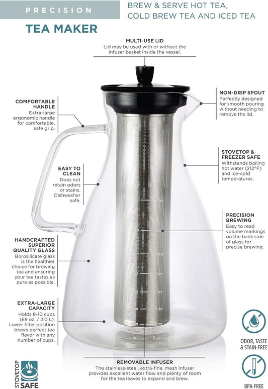 Teabloom Extra-Large Multi-Brew Glass Teapot + Kettle + Pitcher (68 OZ / 2.0 L / 8 CUPS) – For Hot Tea, Iced Tea, Cold Brew Tea and Fruit Infused Water – Volume Markings For Precise Brewing