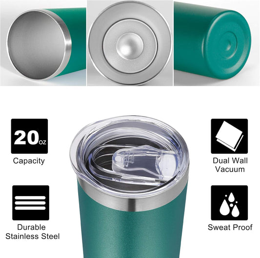 VEGOND Stainless Steel Tumblers Bulk 6 Pack, 20 oz Vacuum Insulated Skinny Tumblers with Lid and Straw, Double Wall Coffee Mug, Travel Water Cup, Dark Green