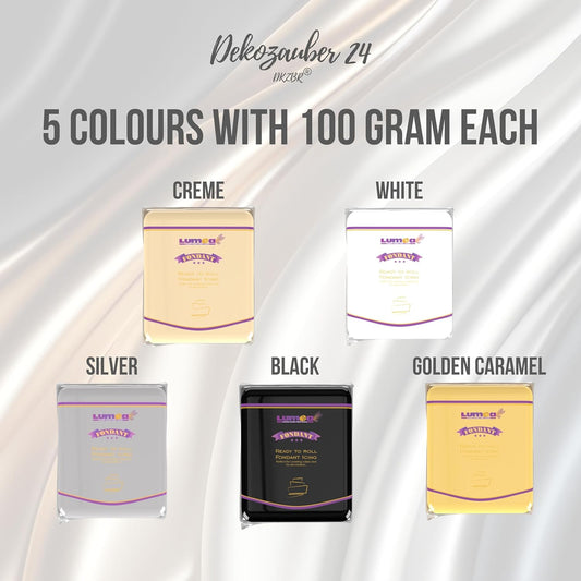 Dekozauber24 Fondant icing multipack, 5 colors, 3.5oz (100g) rolled fondant per color, for cakes, cupcakes and figurines in white, black, cream, silver and golden caramel (Basics)