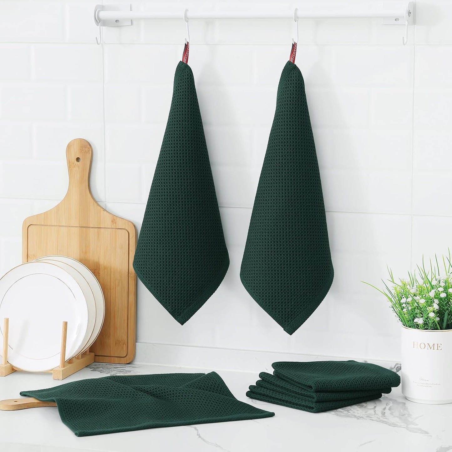 Kitinjoy 100% Cotton Kitchen Dish Cloths, 8 Pack Waffle Weave Ultra Soft Absorbent Dish Towels for Drying Dishes Quick Drying Kitchen Towels Dish Rags, 12 X 12 Inches, Blackish Green