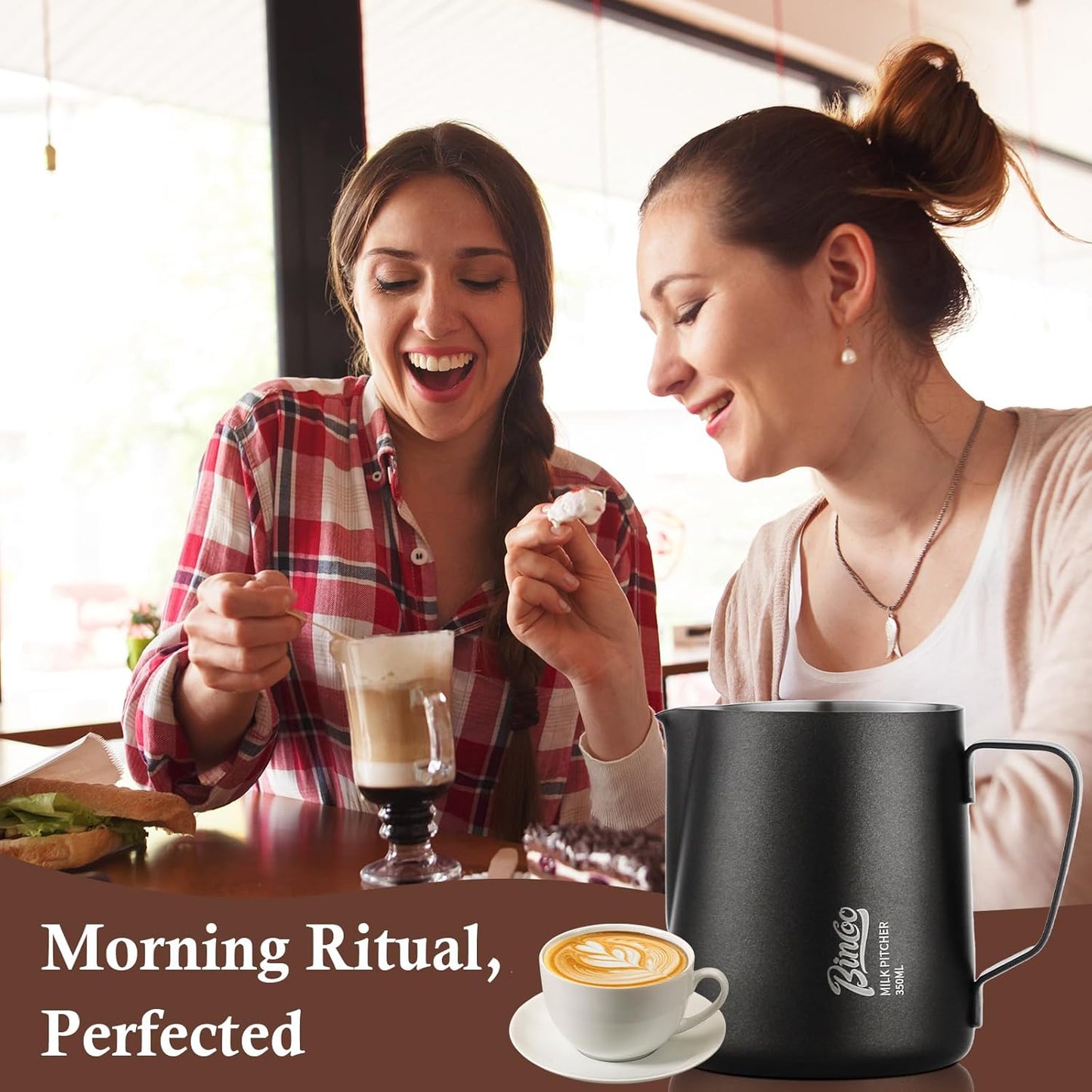 Milk Frothing Pitcher - 350ml/12oz Milk Frother Cup Espresso Steaming Pitcher for Barista, Bincoo SUS304 Stainless Steel Espresso Steaming Pitchers for Latte Art/Cappuccino/Coffee (Dark-Blue-350ml)