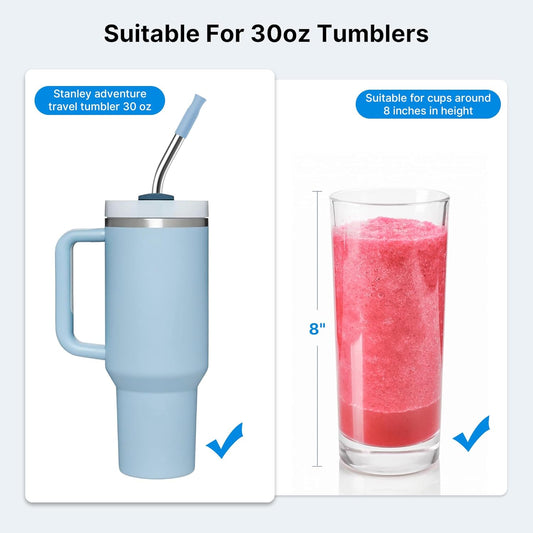 2 Pcs Stainless Steel Straw with Silicone Tips for 30 oz Stanley Tumbler, Repeatable 30 oz Metal Straws for Stanley Adventure Quencher Travel Tumbler Cup, BPA Free(Light Blue)