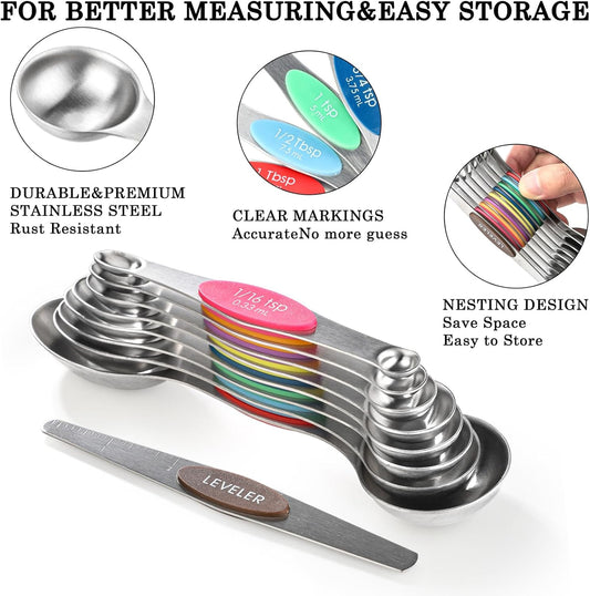 Magnetic Measuring Cups and Spoons Set Including 8 Stainless Steel Stackable Magnetic Measuring Cup 8 Magnetic Measuring Spoon with Leveler for Dry Liquid Ingredient