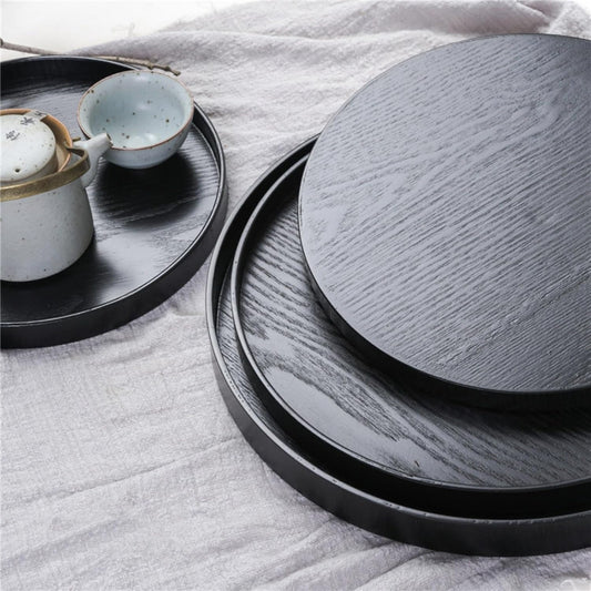 Round Solid Wood Serving Tray Extra Large Tea Coffee Snack Food Meals Serving Plate Non-Slip Kitchen Party Bar Server Ottoman Tray Breakfast Tray with Raised Edges (13inch/33cm) Black