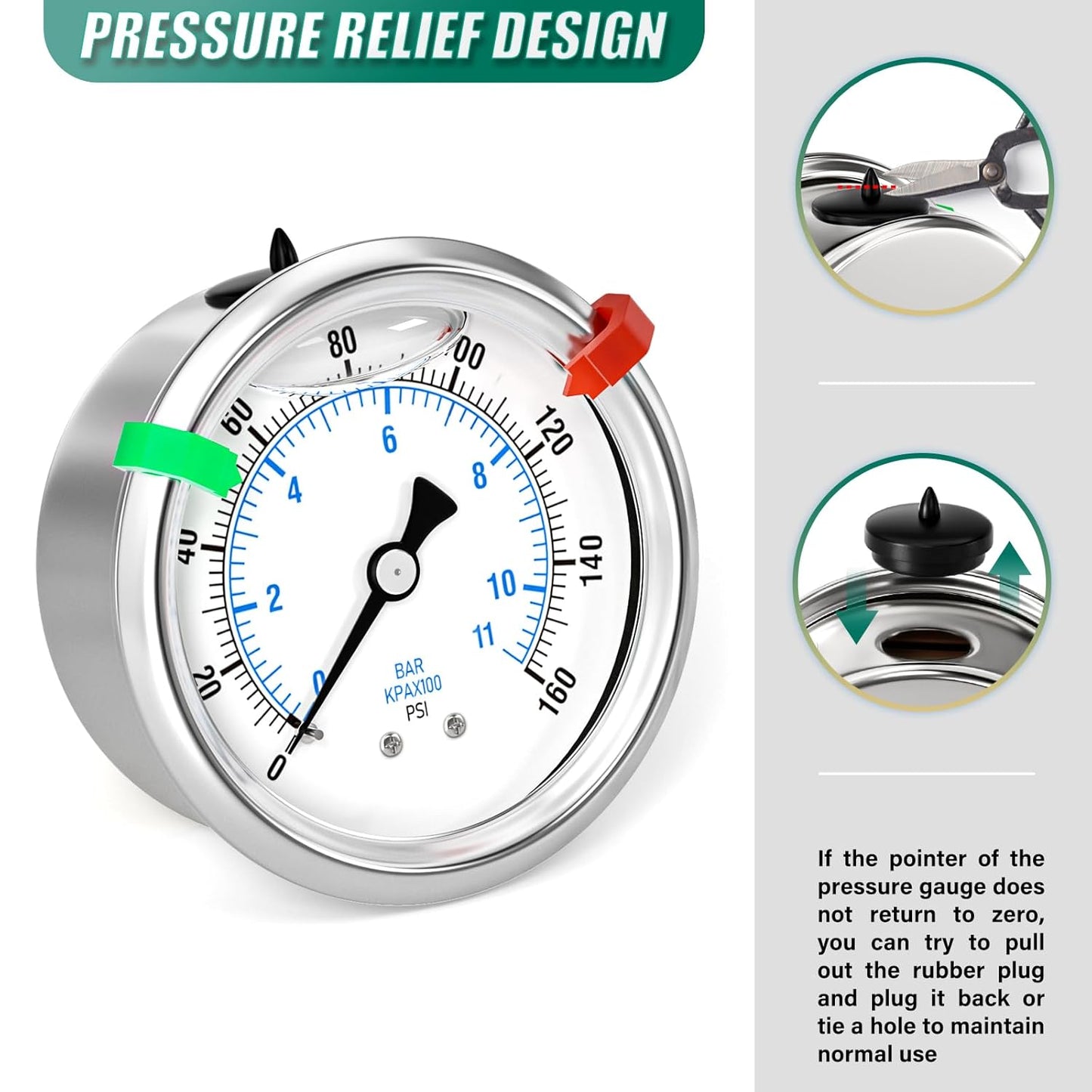 0-160psi Stainless Steel Glycerin Liquid Filled Pressure Gauge 1/4" NPT 2.5" Face Dial Center Back Mount, for Water, Oil and Air Pressure Testing (with Range Mark Pointer)