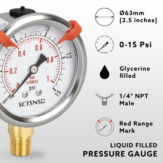0 to 15 Psi Pressure Gauge, Glycerin Liquid Filled, 2.5 inch Dial, 1/4" NPT Lower Mount, Stainless Steel Case, for ATV Tire, HVAC Pipe, Well Tank, Fuel, Coolant, Nitrogen, Low Pressure Test