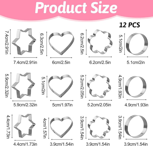 12 Pcs Cookie Cutters Biscuit Cutter Fruit Cutter Shapes Stainless Steel Fondant Cake Mold Heart Flower Star Round Shapes Metal Cutters for Baking