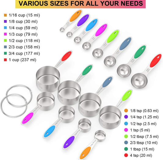 Measuring Cups & Spoons Set of 16, Wildone Premium Stainless Steel Measuring Cups and Measuring Spoons with Colored Silicone Handle, Including 8 Nesting Cups, 8 Spoons, for Dry and Liquid Ingredient