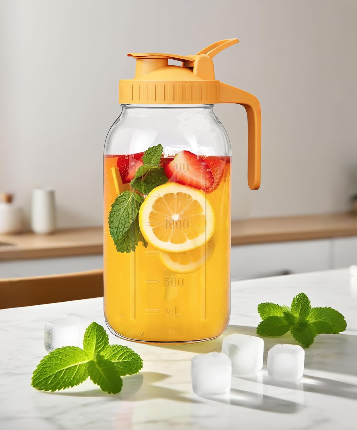 2 Quart Wide Mouth Glass Pitcher with Lid, 64oz Mason Jar Pitchers, Leak-proof Iced Tea Pitcher,Heavy Duty Container for Fridge Sweet Tea,Juice,Cold Brew Coffee,Breastmilk Storage Drinks-1PACK/Yellow