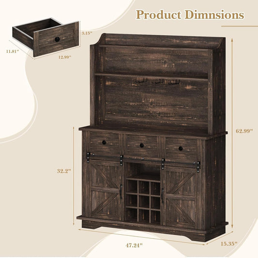 63 Inch Tall Coffee Bar Cabinet with 3-Tier Storage, Kitchen Hutch with 3 Drawers, Farmhouse Coffee Bar with 9 Racks & 3 Glass Holders, Wine Bar Cabinet for Living Dining Room, Oak