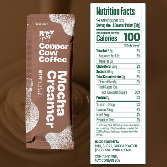 Copper Cow Coffee Sweetened Mocha Milk Creamer Singles (24 pack) | Vietnamese Inspired Coffee Creamer, All Natural Creamer Packets for Pour Overs & Lattes | No Refrigeration Needed