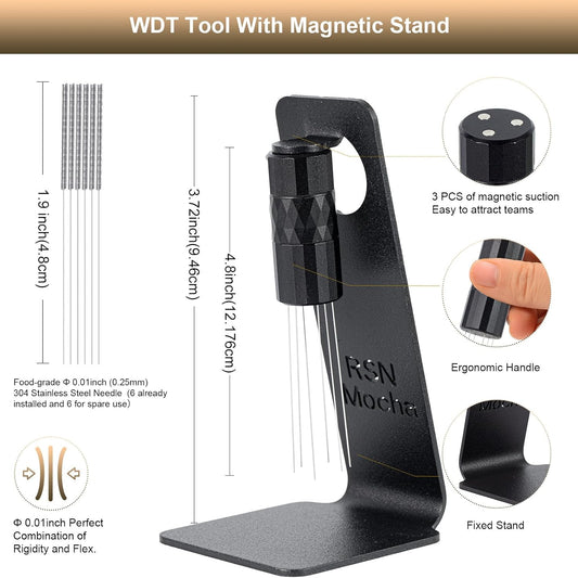 WDT Tool Espresso Distribution Tool, Coffee Distribution Tool with Magnetic Stand, Espresso Accessories with 6 Extra Φ0.25mm Stainless Steel Needles for Barista (Light Black, H:4.8 inches)