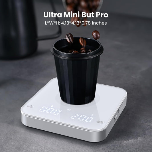 Rechargeable Mini Coffee Scale with Timer, Maestri House Espresso Scale, 2kg/0.1g Accurate Scale for Espresso and Pour-Over Coffee, Portable Digital Kitchen Scale with Automatic Timing(White&Silver)