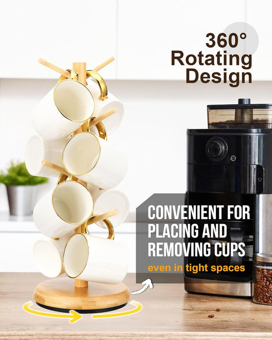 Lorbro Coffee Mug Tree, 360° Rotated Mug Holder with 8 Hooks, Wooden Coffee Cup Holder, Upgraded Mug Rack for Countertop, Coffee Mug Organizer Storage Stand, Coffee Bar Accessories & Kitchen Decor