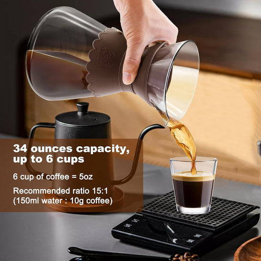 34oz Pour Over Coffee Maker with Double Layer Stainless Steel Filter, Borosilicate Glass Dripper, Detachable Heat-Resistant Leather Pad 7-8 Cups Coffee Maker Carafe(Dark brown)
