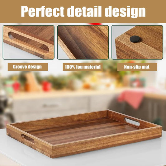 Acacia Wood Serving Tray with Handles - 17-Inch Large Wooden Tray for Ottoman - Perfect for Breakfast, Lunch, Dinner, Appetizers, Patio, Ottoman, Coffee Table,BBQ, Party – Great for Lap &Couch 