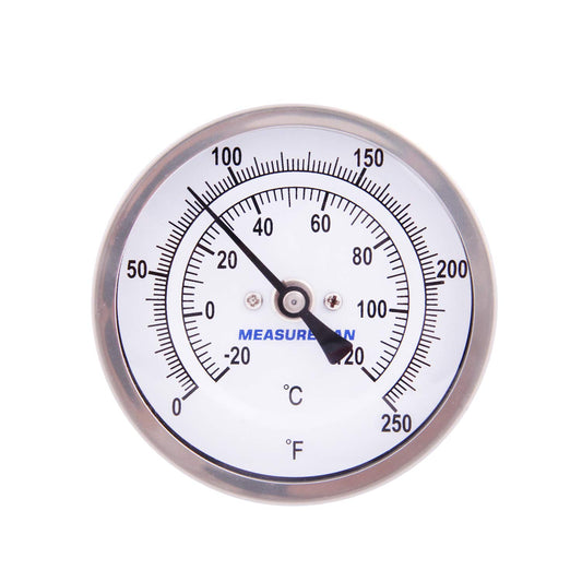 MEASUREMAN Fully Stainless Steel Pot, Kettle, Brewing Bimetal Thermometer, 3" Dial, 2-1/2" Stem, 0-250 deg F/-20-120 deg C, -1% Accuracy, Adjustable, 1/2" NPT Back Mount