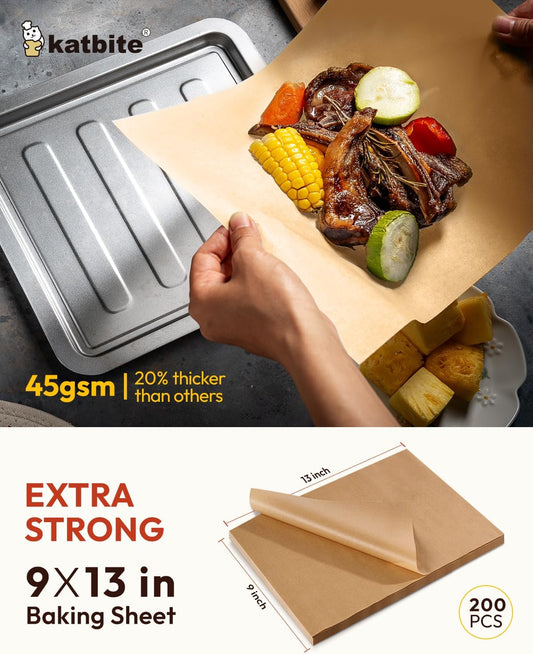 Katbite 200Pcs 9x13 inch Heavy Duty Unbleached Parchment Paper, Parchment Paper Sheets for Baking Cookies, Cooking, Frying, Air Fryer, Grilling Rack, Oven(9x13 Inch)