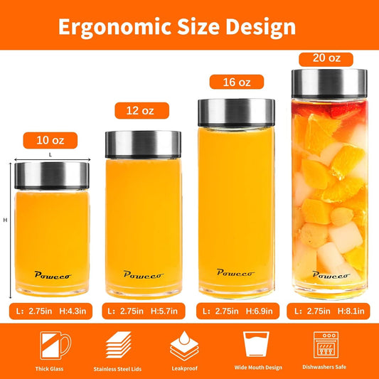 20oz Glass Juice & Water Bottles 6-Pack with Lids- Wide Mouth Reusable Borosilicate Glass- for Juicing, Smoothies, Protein Shakes, Blender & Shaker Bottle- Refillable & Dishwasher Safe(20 oz/600ml)
