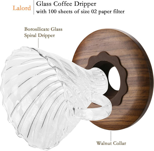 Pour Over Coffee Dripper with 100 pcs of Size 02 Paper Filter, Borosilicate Glass & Walnut Collar, Drip Coffee Maker, 1-3 Cups, Clear (Coffee Dripper)