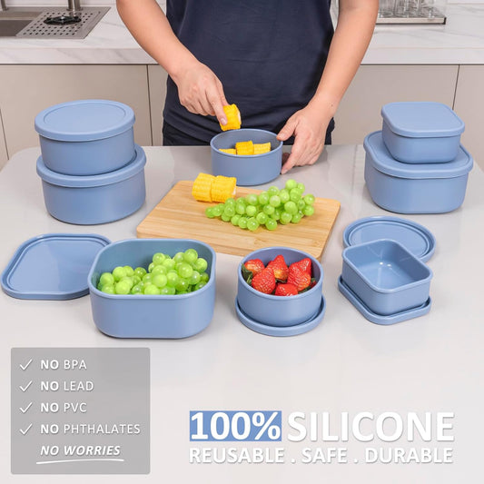 100% Silicone Food Storage Containers with Lids, 8 Pack, 10oz to 51oz, Reusable Leakproof Nesting & Stackable Silicone Bento Lunch Box, Microwave Freezer Dishwasher Oven Safe, BPA Free, Slate Blue