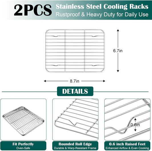 E-far Small Baking Sheet with Wire Rack (2 Pans + 2 Racks), Stainless Steel Cookie Sheets Trays & Cooling Rack for Toaster Oven, Non Toxic & Warp Resistant, Oven & Dishwasher Safe, 9.4 x 7.3 x 1 Inch
