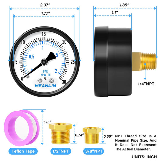 MEANLIN MEASURE 0-30Psi 2" DIAL FACE 1/4" NPT Well Pump Pressure Gauge, with 1/2" NPT and 3/8" NPT Hex Bushing, 3-2-3% Accuracy, Center Back Mount