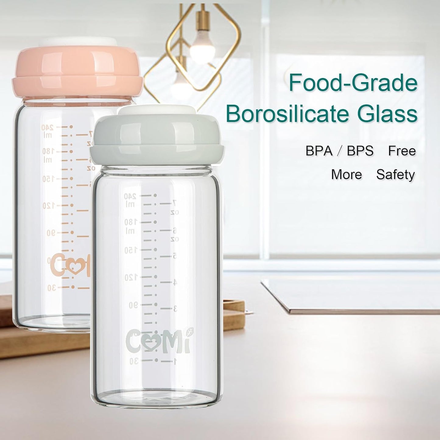 COMI Wide Neck Glass Breastmilk Collection n Storage Bottle, 4 Packs, 8oz with Screw Ring Sealing Disk; Re-markable Sealing Disc. BPA Free, Fits Breast Pumps & Nipples (2 Gray Lids + 2 Pink Lids)