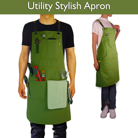 10 Pack Kitchen Aprons, Work Apron, Canvas, Multiple Pockets, Gardening, Painting, BBQ, Artist, Carpenter, Sizes M to XXL, Olive